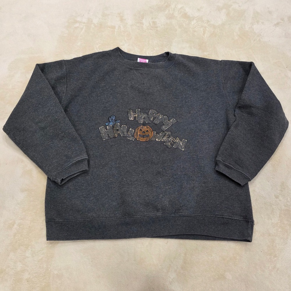 VTG 90s Hanes Her Way Halloween Sweatshirt Gray Glitter Jack O Lantern Medium